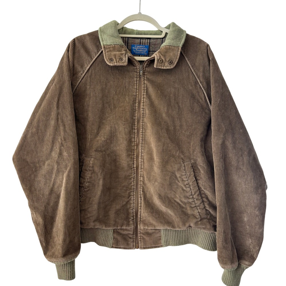 Vintage Pendleton Corduroy Bomber Jacket Brown Green Knit Plaid Lined Mens L